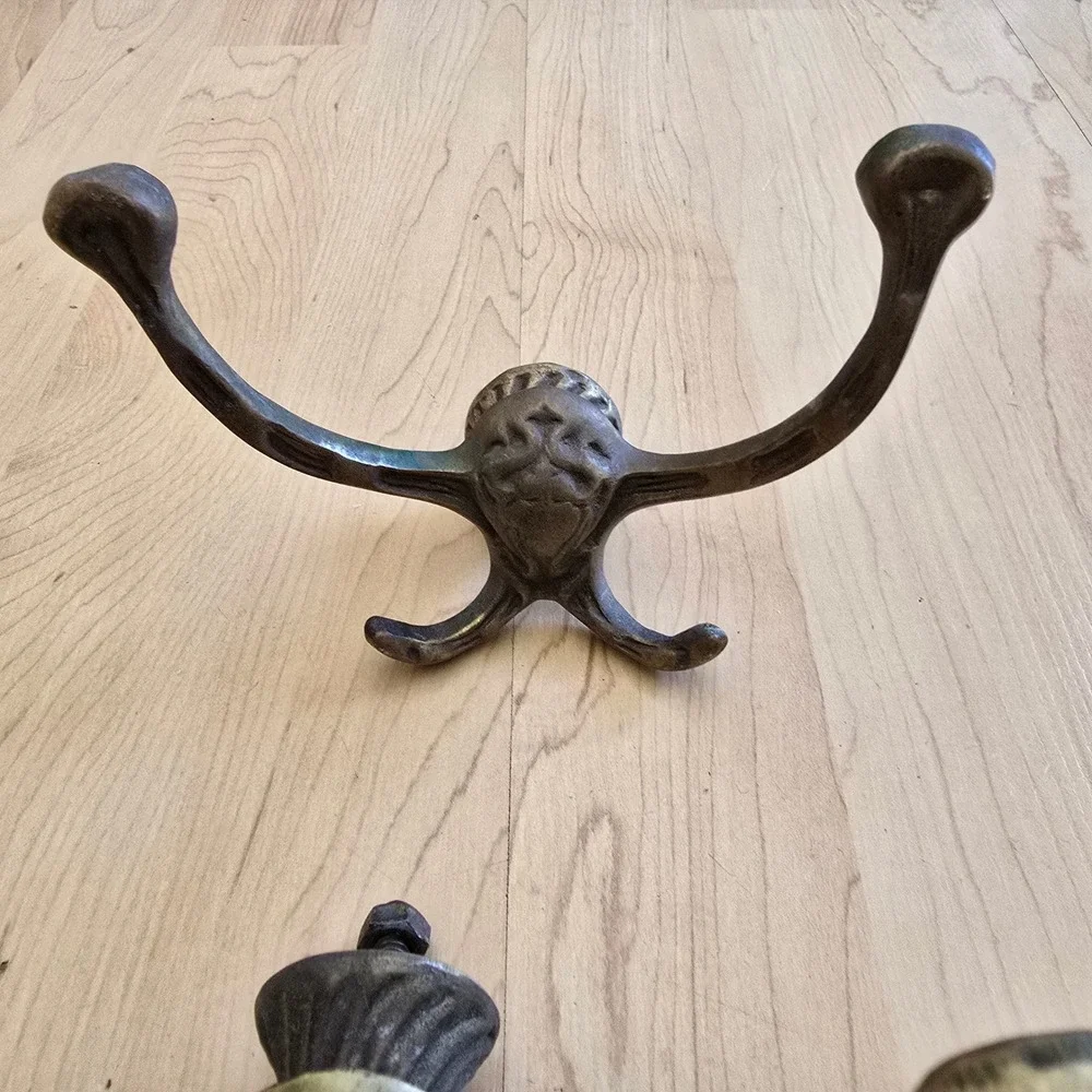 Vintage Cast Metal Wall Hooks Set of 2 Ornate 4-Prong Coat Hat Rack Aged Brass